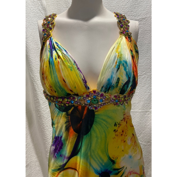 Vibrant multicolor Beaded floral gown V-neck empire waist, size XS - Picture 3 of 12